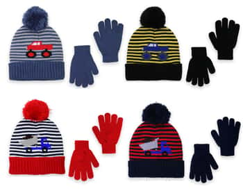 Toddler Boy's 2-Piece Striped Winter Hat & Gloves Sets w/ Construction Truck Print