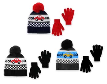 Toddler Boy's 2-Piece Winter Hat & Gloves Sets w/ Checkered Racecar Print