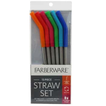 Farberware 13 Piece Stainless Steel Straw Set with Silicone Tips &amp; Cleaning Brush on Clip Strip