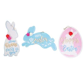 Easter Hanging Plaque 3ast Mdf Bunny Embellished W/eva Flowers Jute Rope Hanger/mdf Comply Lbl