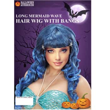 long blue mermaid wave hair wig with bangs