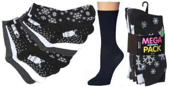 Women's Novelty Crew Socks - Black/White Snowflake Theme - Size 9-11 - 6-Pair Packs