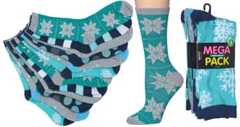Women's Novelty Crew Socks - Teal Snowflake/Dot/Stripe Theme - Size 9-11 - 6-Pair Packs