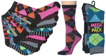 Women's Novelty Crew Socks - Black/Neon Striped & Argyle Prints - Size 9-11 - 6-Pair Packs
