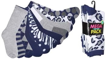 Women's Novelty Crew Socks - Blue/White/Grey Prints - Size 9-11 - 6-Pair Packs