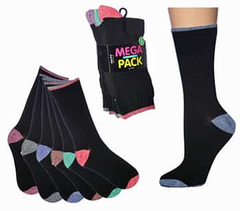 Women's Casual Crew Socks - Black w/ Pastel Trim - Size 9-11 - 6-Pair Packs