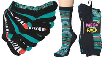 Women's Novelty Crew Socks - Teal/Black/Orange Prints - Size 9-11 - 6-Pair Packs