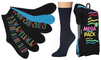 Women's Novelty Crew Socks - Black & Neon Tribal Theme - Size 9-11 - 6-Pair Packs