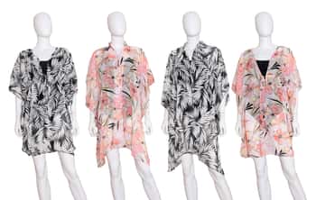 Women's Fashion Printed Terry Smocked Cover-Ups - Tropical Palm Tree & Floral Print -  Sizes Small-XL