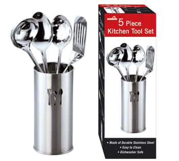 5-Piece Stainless Steel Cooking Utensil Sets w/ Chef Embroidered Holder