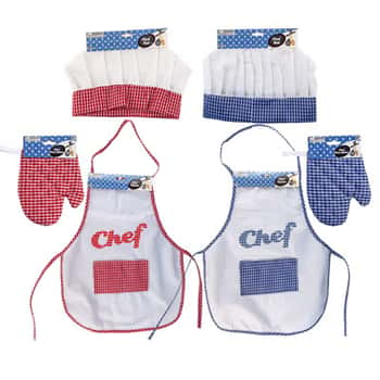 Chef Jr Apron/hat/oven Mitt Dressup Red Or Blue Check/hdr