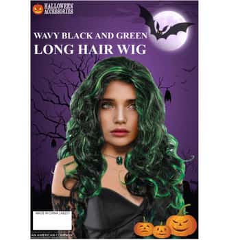 wavy black long hair wig with green streaks