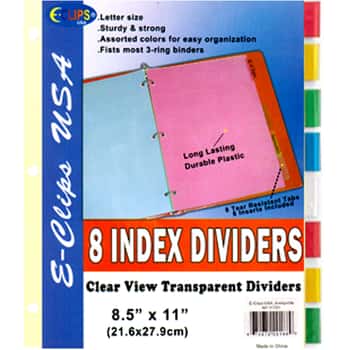Poly Index Dividers w/ Clear Assorted Colors - 8-Pack