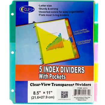 3-Ring Binder Poly Tab Dividers w/ Pockets - 5 Pack