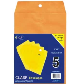 6" X 9" Kraft Clasp Manila Envelopes w/ Metal Closure & Gummed Flap - 5-Packs