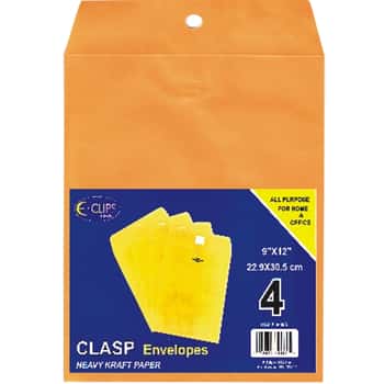 9" X 12" Kraft Clasp Manila Envelopes w/ Metal Closure & Gummed Flap - 4-Packs