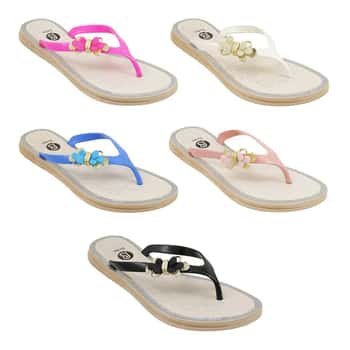 Women's Wedge Flip Flop Sandals w/ Embroidered Floral Chram & Glitter Trim Footbed - Size 6-10