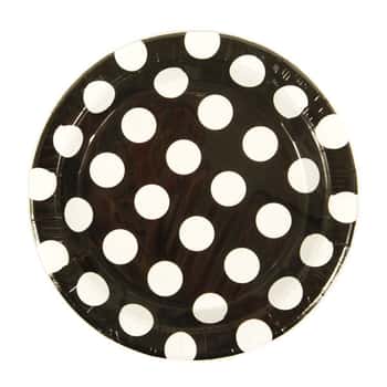 9" Printed Disposable Paper Plates w/ Black & White Polka Dot Print - 8-Pack