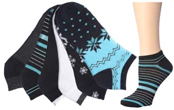 Women's Low Cut Novelty Socks - Turquoise/Black Snowflake Theme - Size 9-11 - 6-Pair Packs