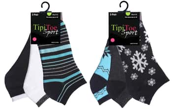 Women's Low Cut Novelty Socks - Turquoise/Black Snowflake Theme - Size 9-11 - 3-Pair Packs