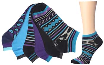 Women's Low Cut Novelty Socks - Blue/Purple/Black Prints - Size 9-11 - 6-Pair Packs