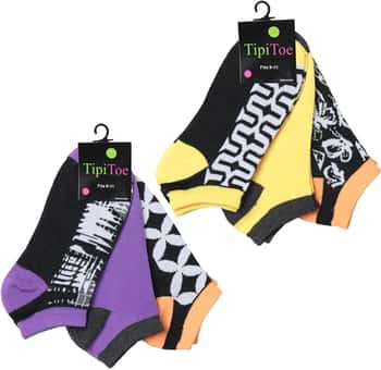 Women's Low Cut Novelty Socks - Purple/Yellow/Orange/Black Prints - Size 9-11 - 3-Pair Packs