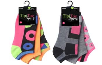 Women's Low Cut Novelty Socks - Neon & Grey Prints - Size 9-11 - 3-Pair Packs