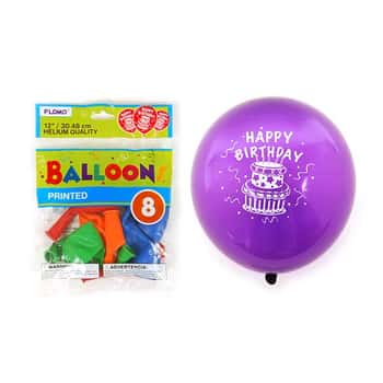 12" "Happy Birthday" Printed Balloons - 5 Colors Assorted - 8-Packs