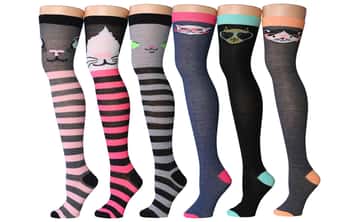 Women's Over the Knee Tube Socks - Two-Tone w/ Cat Graphics - Size 9-11