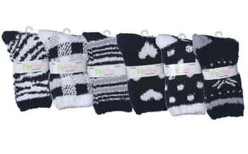 Women's Fuzzy Crew Socks - Black & White Prints - Size 9-11