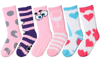 Women's Fuzzy Crew Socks w/ Non-Skid Grips - Cookie/Heart/Eye/Wine Prints - Size 9-11