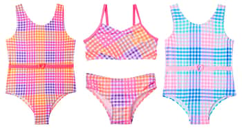 Girl's Fashion Checkered Plaid One-Piece & Two-Piece Swimsuits - Two Tone Gingham Print - Sizes 7-16
