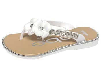 Girl's Thong Sandal Flip Flops w/ Flower Embellishments & Embroidered Rhinestones - White