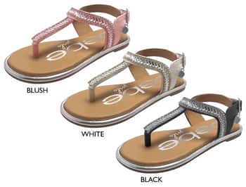 Girl's T-Strap Sandals w/ Faceted Details, Bebe Charm, & Metallic Trim