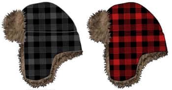 Men's Plaid Winter Trapper Hats w/ Faux Fur Lining