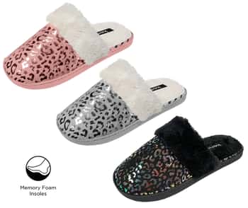 Women's Metallic Leopard Print Mule Slippers w/ Faux Fur Trim & Memory Foam Insoles