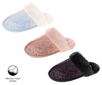 Women's Holographic Glitter Mule Slippers w/ Faux Fur Trim & Memory Foam Insoles