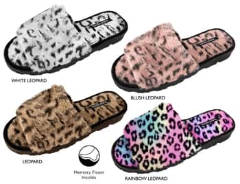 Women's Faux Leopard Fur Slide Slippers w/ Memory Foam Insoles
