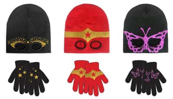 Girl's Beanie Hats & Gloves Sets w/ Cut Out Eyes & Embroidered Glitter