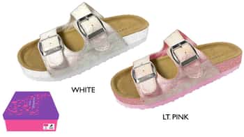 Girl's Arizona Buckle Sandals w/ Holographic Spots & Glitter Sidewall