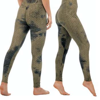 Women's Textured Anti-Cellulite Ruched Leggings w/ Tie-Dye Pattern - Green