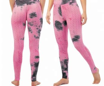 Women's Textured Anti-Cellulite Ruched Leggings w/ Tie-Dye Pattern - Black & Pink