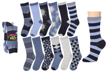 Women's Novelty Crew Socks - Blue & Grey Prints - Size 9-11 - 6-Pair Packs