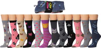 Women's Novelty Crew Socks - Cat Prints - Size 9-11 - 6-Pair Packs