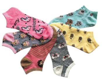 Women's Low Cut Novelty Socks - Zebra, Koala & Porcupine Print - Size 9-11 - 6-Pair Packs