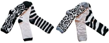 Women's Fuzzy Crew Socks w/ Non-Skid Grips - Jaguar & Zebra Print - Size 9-11