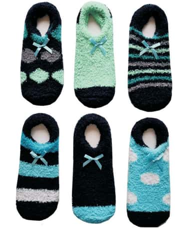 Women's Fuzzy Low-Cut Socks w/ Ribbon Bow - Aqua Colored Stripes & Polka Dots - Size 9-11