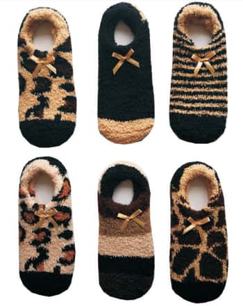 Women's Fuzzy Low-Cut Socks w/ Ribbon Bow - Jaguar & Giraffe Print - Size 9-11