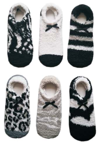 Women's Fuzzy Low-Cut Socks w/ Ribbon Bow - Leopard & Zebra Print - Size 9-11