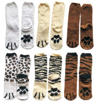 Women's Animal Printed Fuzzy Crew Socks w/ Non-Skid Grips - Leopard & Tiger Print - Size 9-11